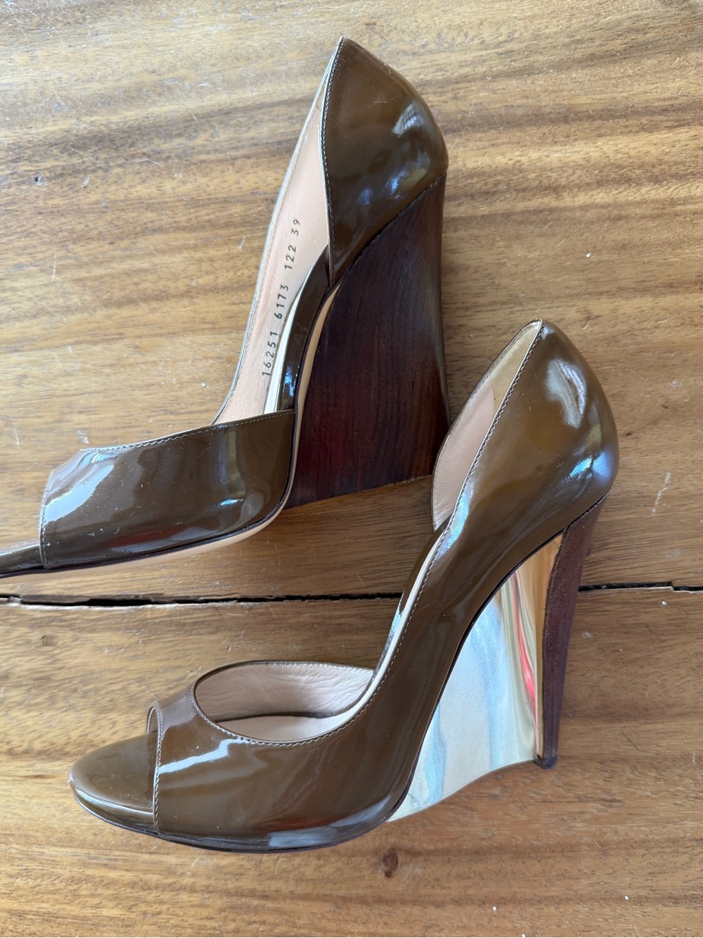 Casadei Never Worn Brown Patent Leather Peep-Toe Wedge Heels - Picture 4 of 8